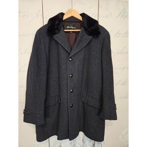 Vintage Stratojac Men 44 Herringbone Wool Overcoat Faux Fur Collar Grey Blue USA